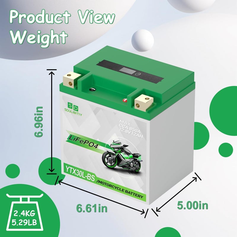 SDULIBITIY YTX30L-BS Lithium Motorcycle Battery, 12.8V 12AH 850 CCA LiFePO4 Motorcycle Battery, ATV, UTV, Jet Ski, Scooter, Lawn Mower, Tractor, Generator, Built-in Smart BMS - Image 4
